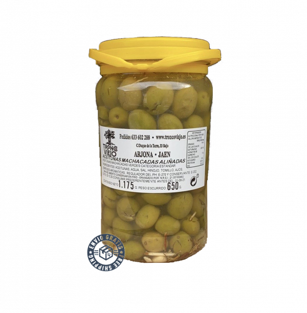 Garrafa ACEITUNAS verdes, machacadas y aliñadas