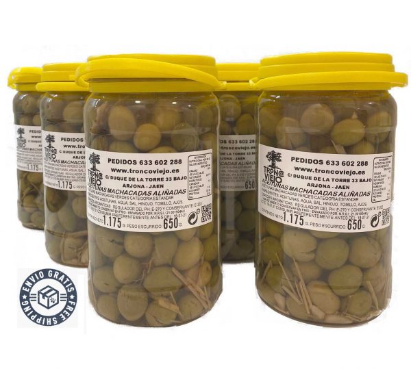 ACEITUNAS verdes, machacadas y aliñadas, Caja de 6 unidades