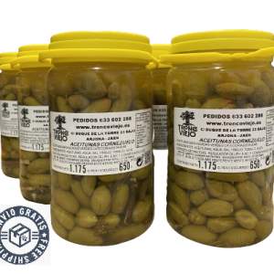 ACEITUNAS verdes, machacadas y aliñadas CORNEZUELO, Caja de 6 unidades